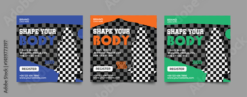 Shape Your Body Social Media Banner: Three vibrant social media banners promoting body shaping, featuring a stylized silhouette against a checkered background, available in blue, orange, and green. 