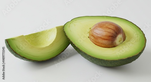 Fresh Ripe Avocado Cut in Half with Seed Isolated on White Background