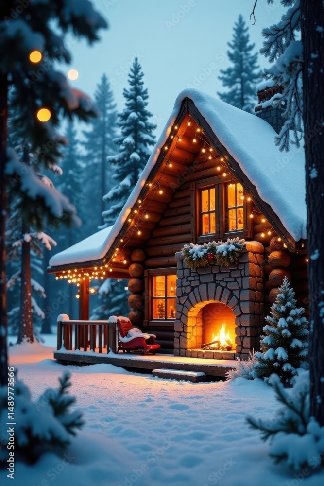 Fototapeta premium Enchanted Winter Cabin Festive Lights Adorn Snow-Covered Log Home with Cozy Fireplace