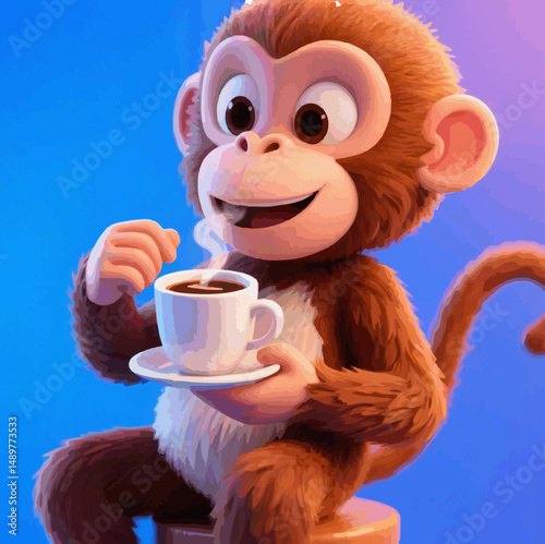 Adorable Cartoon Monkey Enjoying a Cup of Coffee