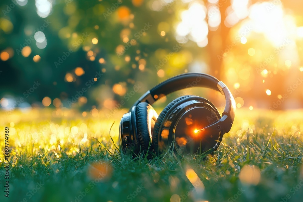 Fototapeta premium Headphones resting on vibrant green grass in a sun-drenched park. Golden light filters through the trees, creating a tranquil and pleasant atmosphere