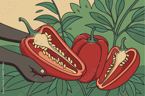 69 highly detailed, vibrant, macro shot of red chili peppers held in human hand, lush green foliage background, studio lighting, cinematic depth of field, realistic, 8k resolution