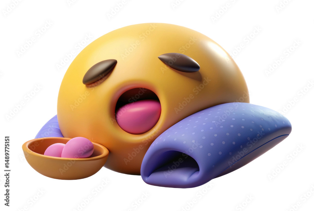 Fototapeta premium PNG Sleepy emoji resting on pillow with relaxing expression and peaceful pose