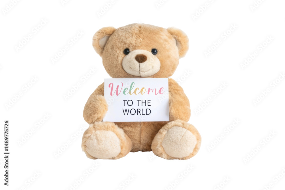 Obraz premium PNG Cute teddy bear holding 'welcome to the world' sign for newborn celebration