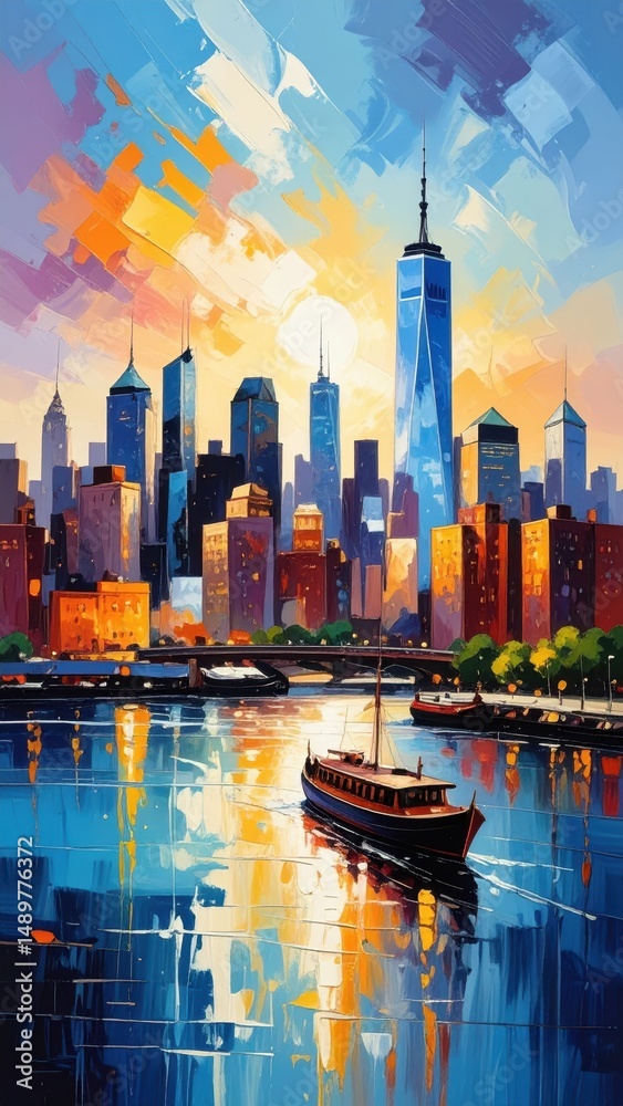 Fototapeta premium Vibrant City Skyline at Sunset with Painterly Brushstrokes