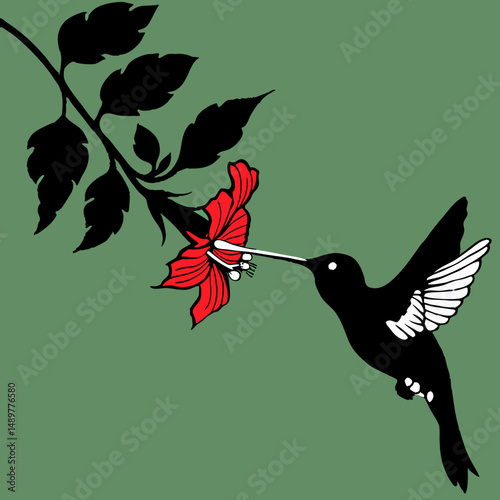 Hummingbird sipping nectar from vibrant red hibiscus flower with dynamic motion blur effect.
