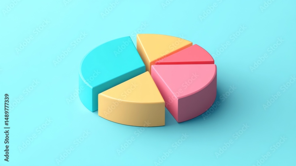 Fototapeta premium A clean and minimalist D pie chart showcasing statistical data, with a soft shadow effect and evenly distributed segments that highlight key financial insights.