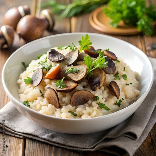 Truffle Risotto With Wild Mushrooms And Parsley Garnish photo