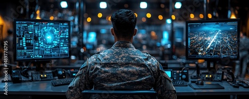 Soldier monitors digital maps & data on multiple computer screens in a dimly lit control room
