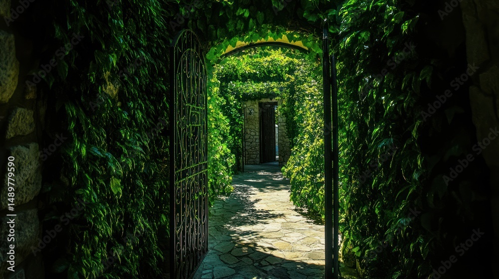 Fototapeta premium Sunlit stone pathway through lush green foliage tunnel with open gates