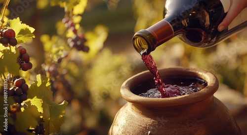 Red wine poured into a large earthenware pot, surrounded by grapevines