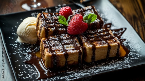 A mouthwatering display of honey toast with rich chocolate drizzle, served with a side of ice cream, showcasing a delectable dessert perfect for sharing.