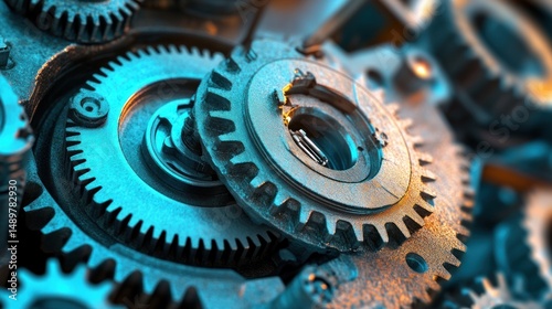 Interlocking metal gears close up view of intricate machinery