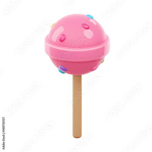 3D Pink Lollipop with Colorful Sprinkles on a Wooden Stick