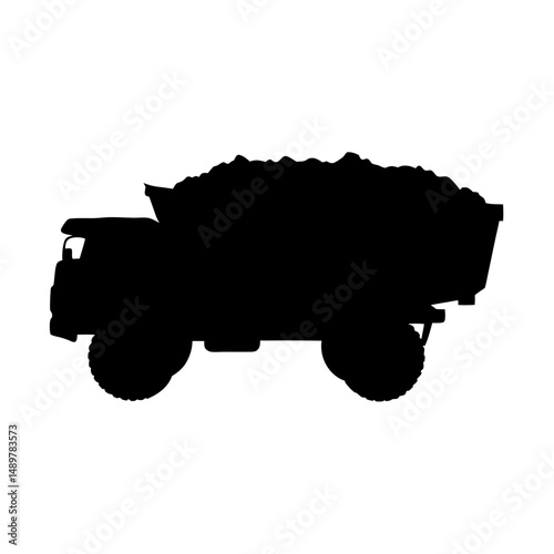 Dump truck loaded with material silhouette vector illustration