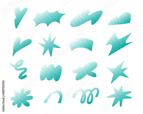 Teal Pixel Gradient Abstract Shape. A complete collection of 16 abstract halftone shapes in teal pixel gradient including stars hearts curves splashes and brush. Perfect for digital design UI overlays