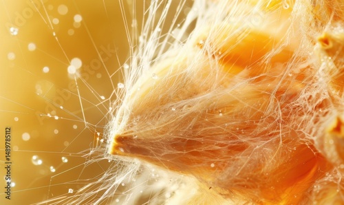 Close-up of wet corn silk, golden background, water droplets