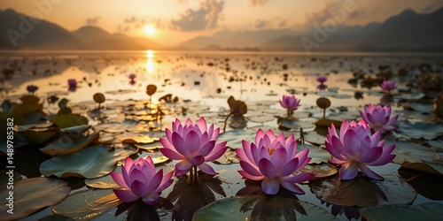 Peaceful Morning on Lake - Lotus Blossoms at Dawn, Vesak Celebration