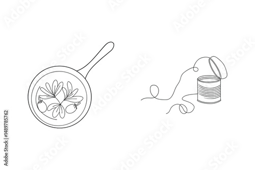 Simple line drawing illustration featuring pan with food and a can of preserved foodstuffs