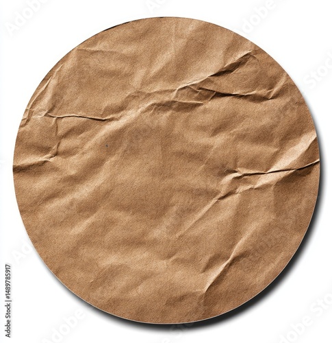 Circular piece of crumpled, light brown paper