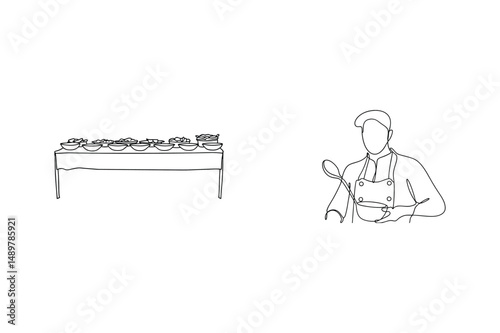 Chef preparing a meal next to a buffet table in minimalist single line art