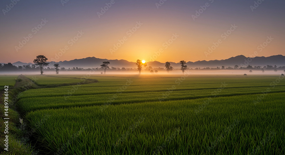 Fototapeta premium Field of green grass with a sun setting in the background