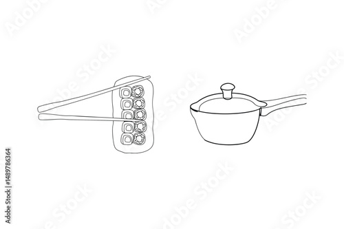 Outline illustration of sushi rolls with chopsticks and a saucepan for food preparation