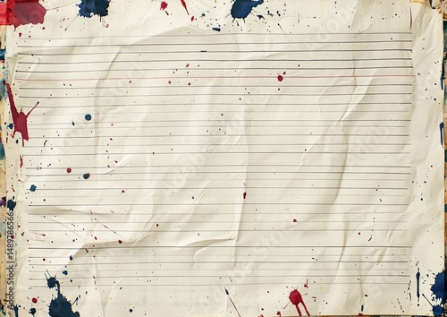Crumpled lined paper with paint splatters
