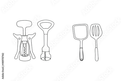 Outlined kitchen utensils including corkscrew bottle opener and spatulas on white background