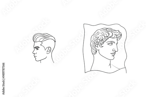 Vector illustration of modern hairstyle and classical statue head profiles in line art