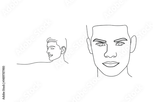 Minimalist line art portrait of a young man depicting two facial expressions