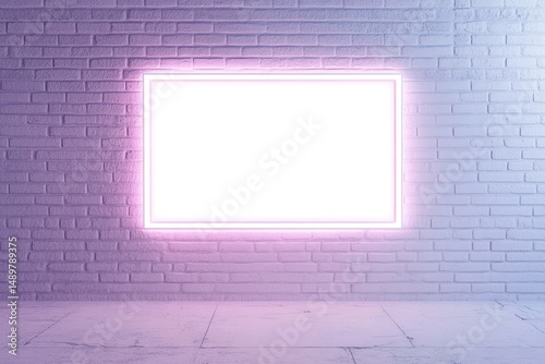 Empty neon pink frame on a light purple brick wall