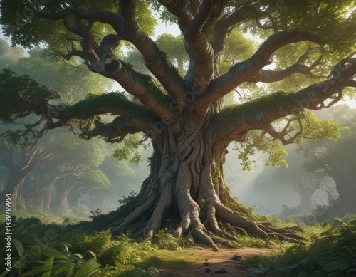 Ancient tree engulfed by lush exotic vines and leaves , jungle,  dense,  texture