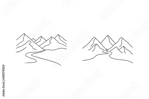 Minimalist mountain landscapes outline illustrations depicting nature and outdoors exploration concepts