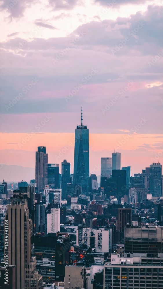 Fototapeta premium Vibrant City Skyline at Sunset Showcasing Colorful Atmosphere