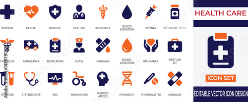 A clean and modern healthcare and medical icon set featuring hospital, doctor, nurse, ambulance, syringe, stethoscope, wheelchair, and more. Ideal for medical apps, clinics and hospital-related design