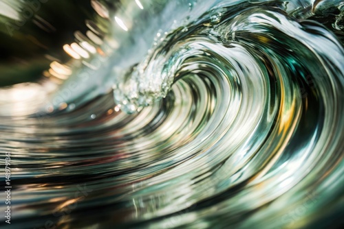 Close up of a curling wave with sunlight reflecting on the surface