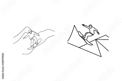 Minimalist line art snowboarder in motion on mountain slopes against white background