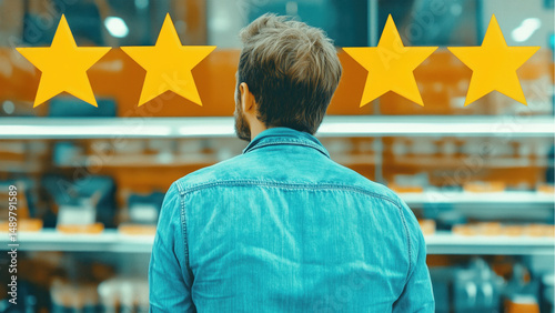 Back View of a Man with review stars over their heads