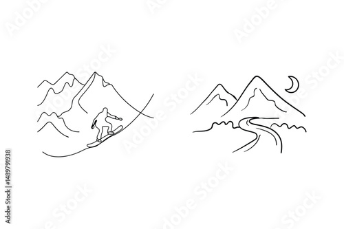 Black and white minimalist mountain landscapes with snowboarding and road illustrations