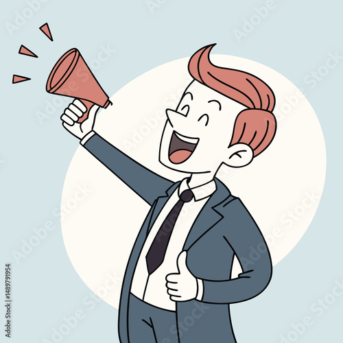 An illustration of a smiling person with red hair in a blue suit and tie, holding a megaphone with sound lines and giving a thumbs-up, against a light blue background with a white circle.