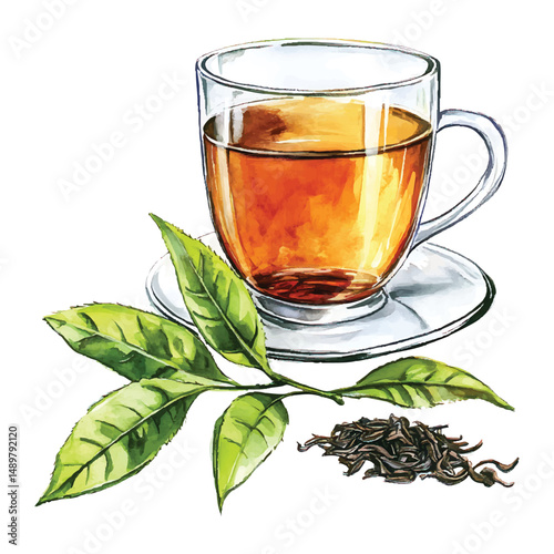 Watercolor illustration of tea cup with fresh green leaves and dry tea