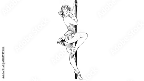 vector girl dancing near pole on white background .Generative AI