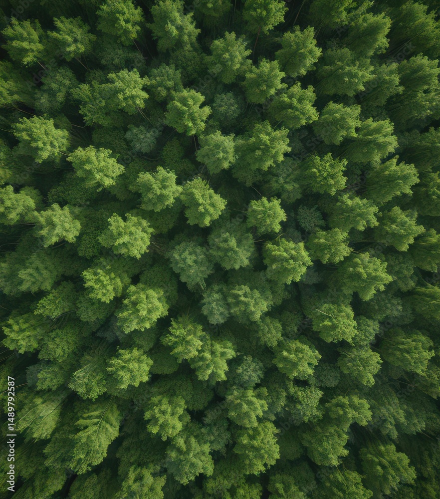 Naklejka premium Dense young trees forming a textured green carpet overhead, photo, growth