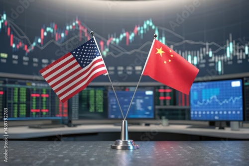American and chinese flags displayed with stock market data in the background