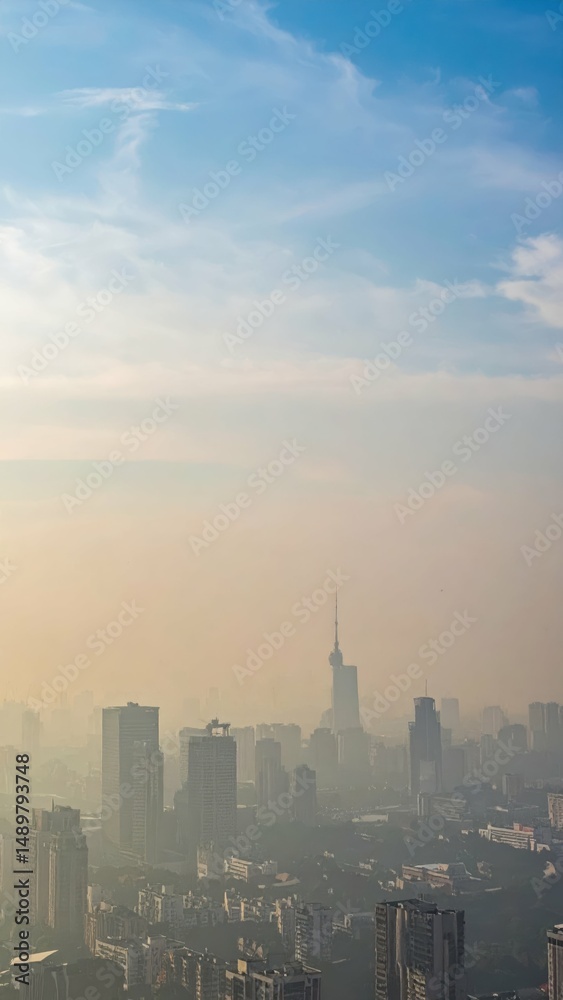 Fototapeta premium City Skyline Shrouded in Thick Smog and Pollution Reducing Visibility