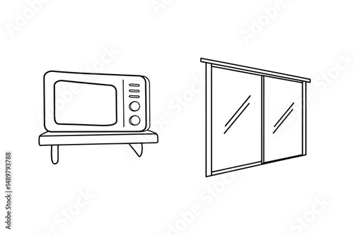 Simple black and white microwave oven beside a glass sliding door illustration