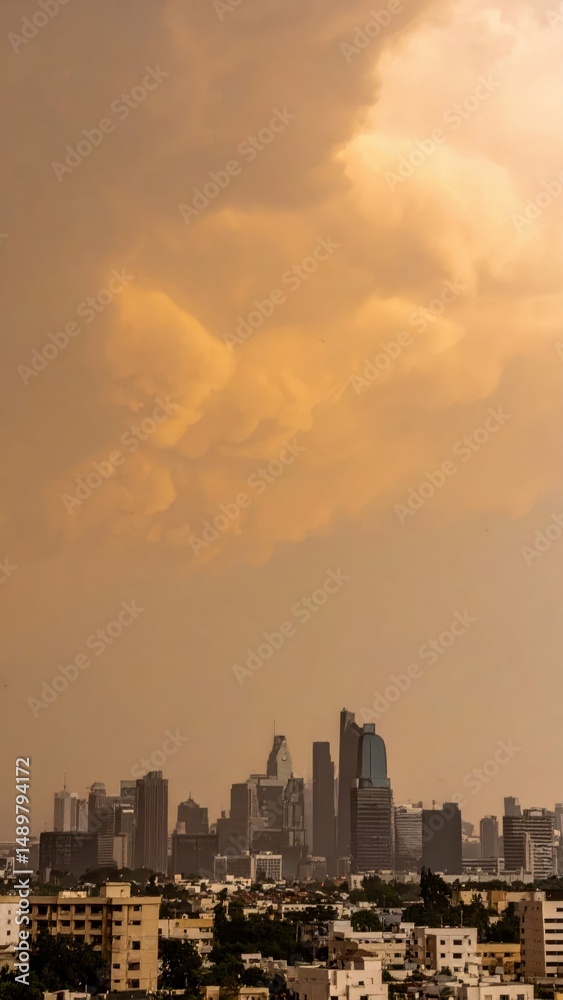Fototapeta premium Dust Storm Over Urban Skyline Against Ominous Yellow Sky