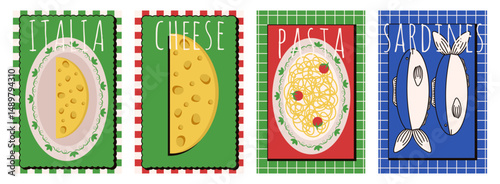 Perfect Italy Amalfi poster cover template design. Italian dolce vita vector illustration theme for food restaurant background card print with sardines lemons cheese