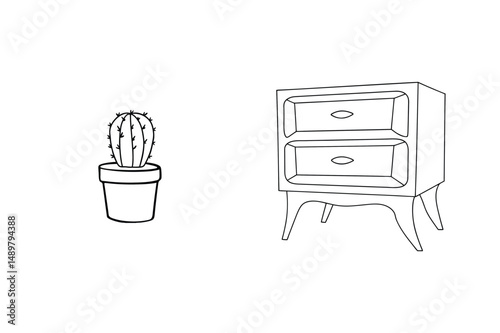Minimalist black and white vector illustration of a cactus plant and a nightstand